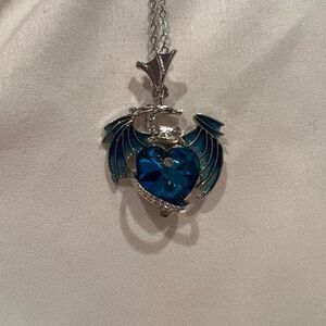 Whimsical Dragon Blue Heart Pendant Silver-Tone Necklace NEW